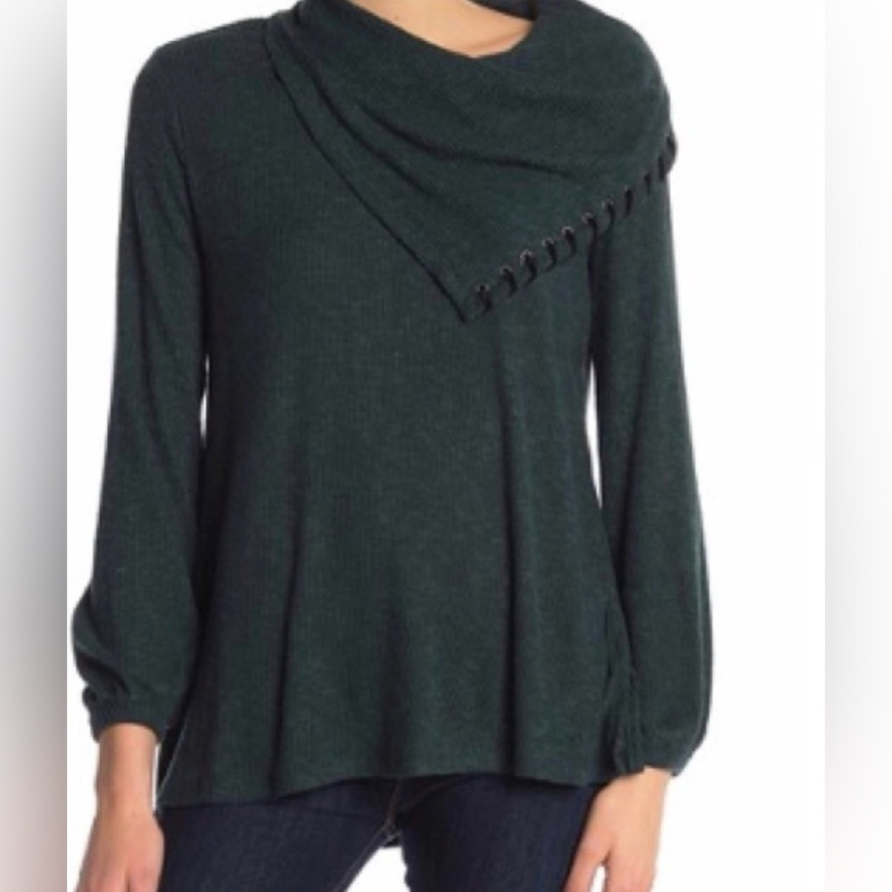 Democracy dark Green Women's Knit Sweater with Asymmetrical lace up Neck. Size M